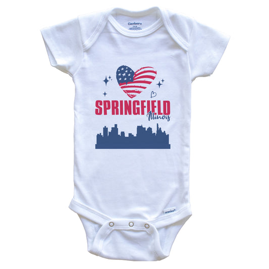 Springfield Illinois Skyline American Flag Heart 4th of July Baby Bodysuit