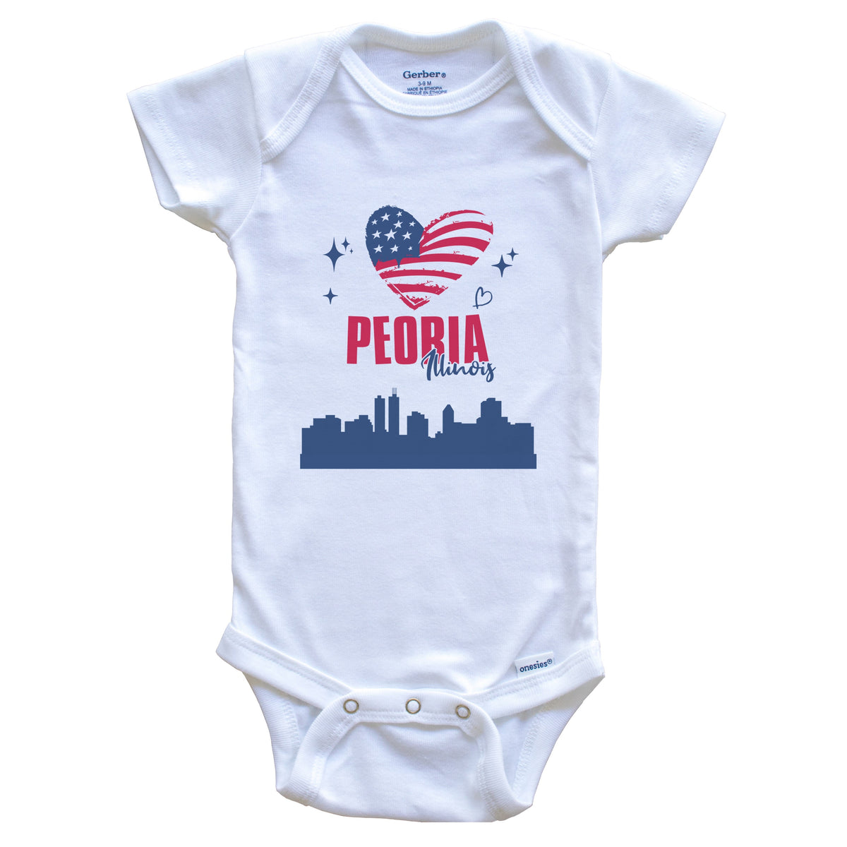 Peoria Illinois Skyline American Flag Heart 4th of July Baby Bodysuit