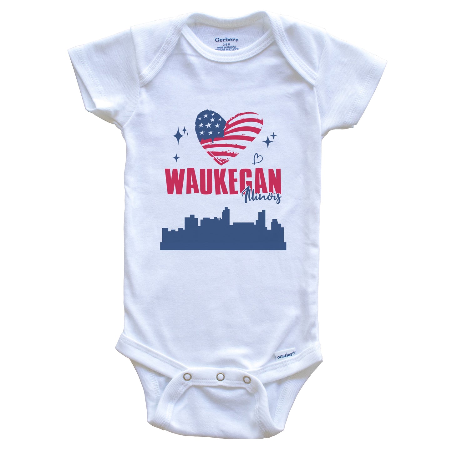 Waukegan Illinois Skyline American Flag Heart 4th of July Baby Bodysuit