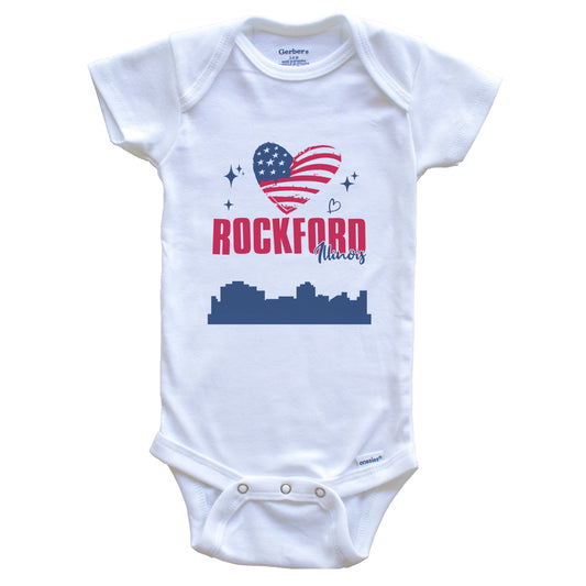 Rockford Illinois Skyline American Flag Heart 4th of July Baby Bodysuit