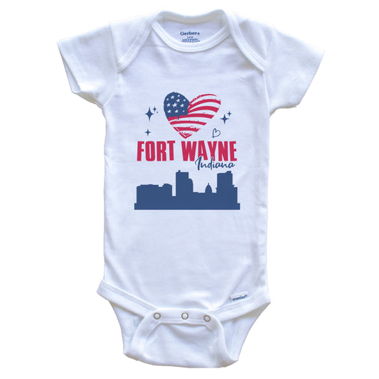 Fort Wayne Indiana Skyline American Flag Heart 4th of July Baby Bodysuit