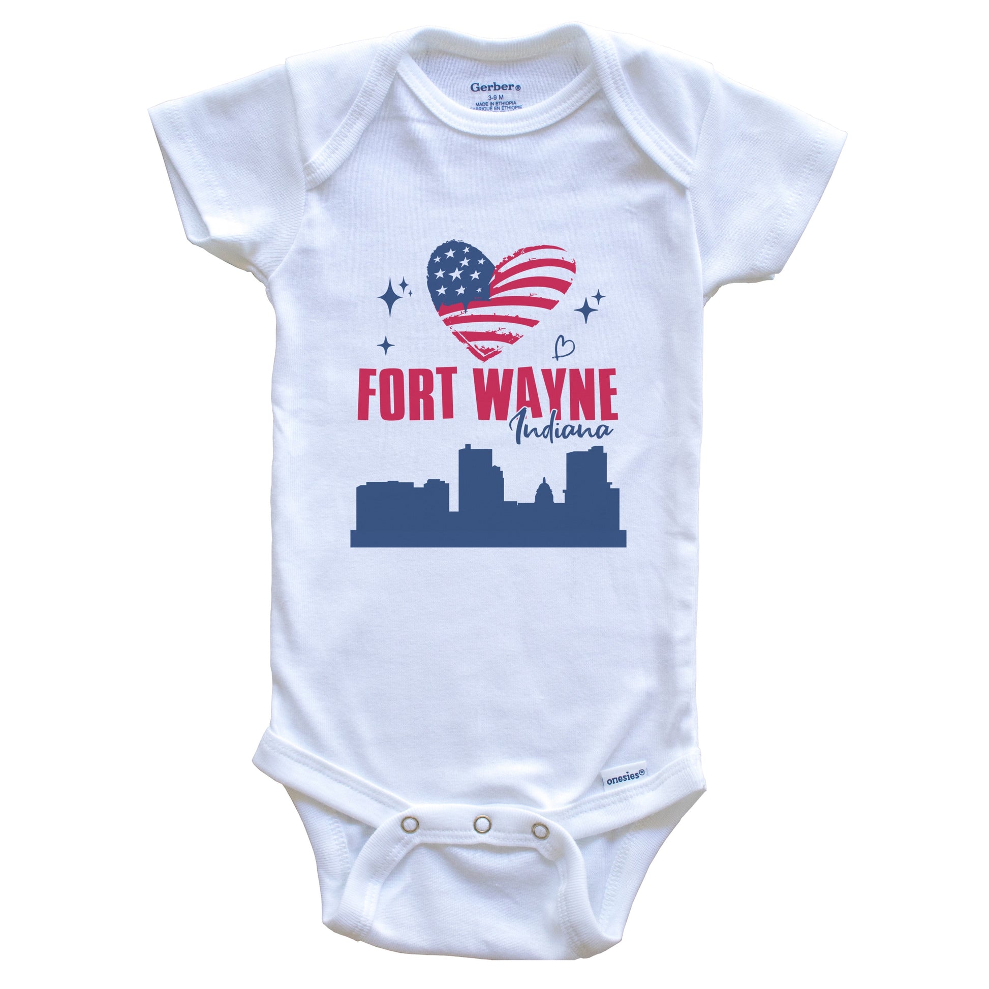 Fort Wayne Indiana Skyline American Flag Heart 4th of July Baby Bodysuit