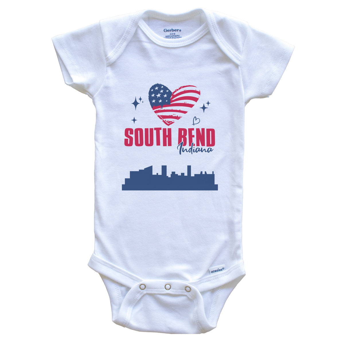South Bend Indiana Skyline American Flag Heart 4th of July Baby Bodysuit