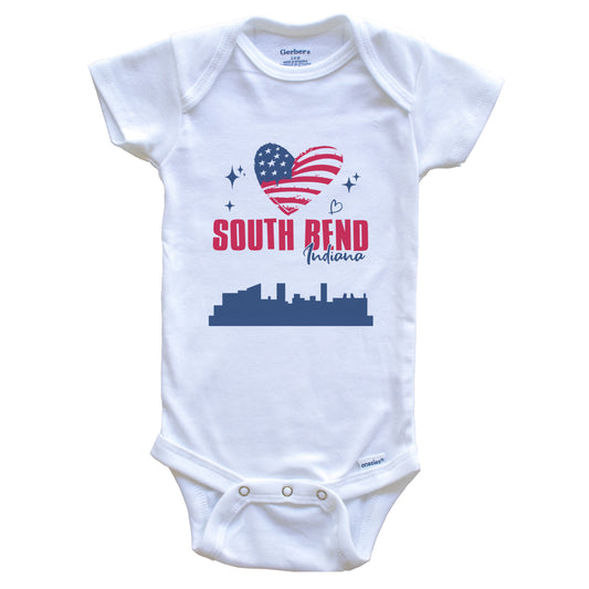 South Bend Indiana Skyline American Flag Heart 4th of July Baby Bodysuit
