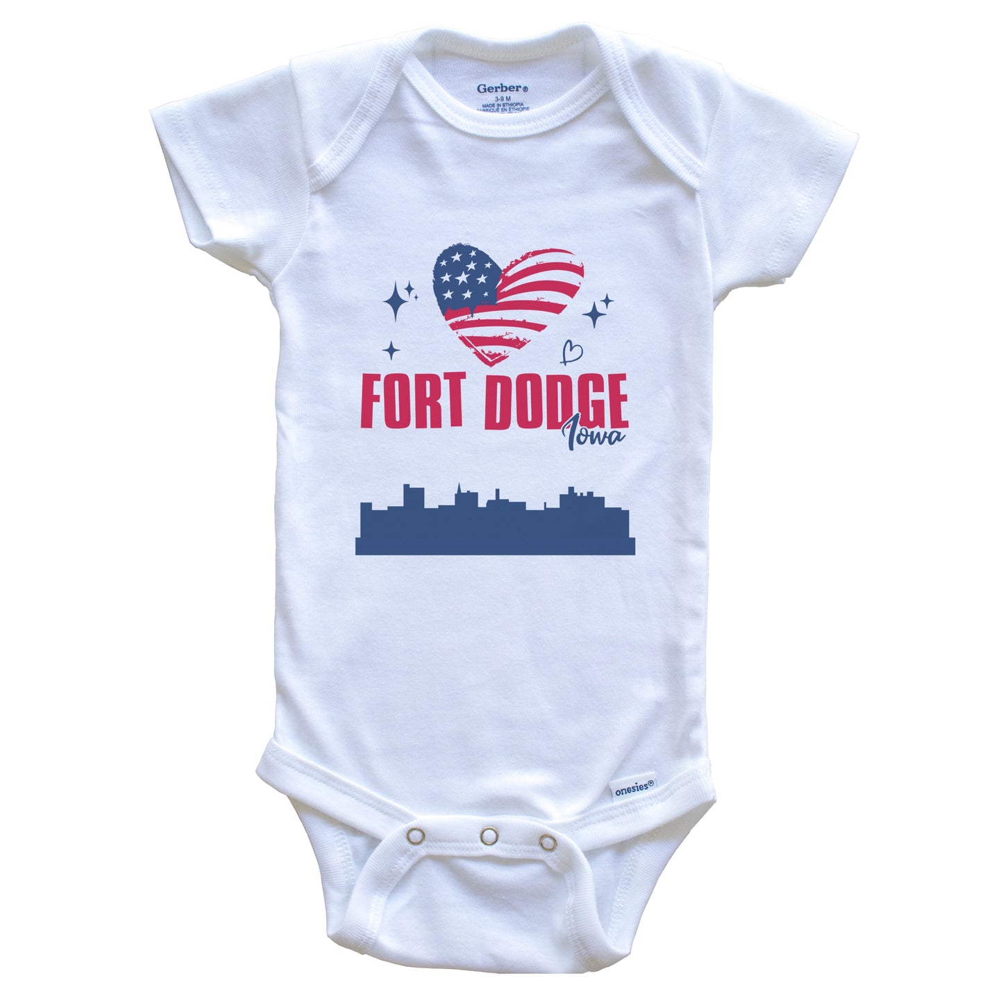 Fort Dodge Iowa Skyline American Flag Heart 4th of July Baby Bodysuit