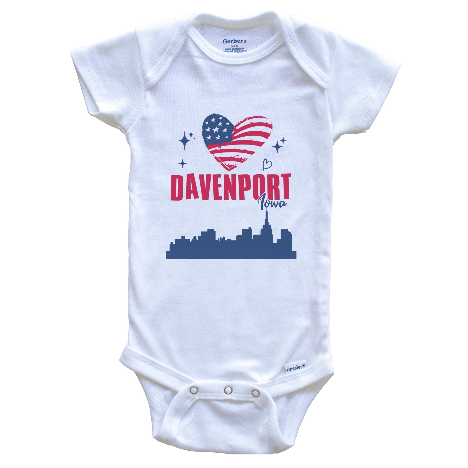 Davenport Iowa Skyline American Flag Heart 4th of July Baby Bodysuit