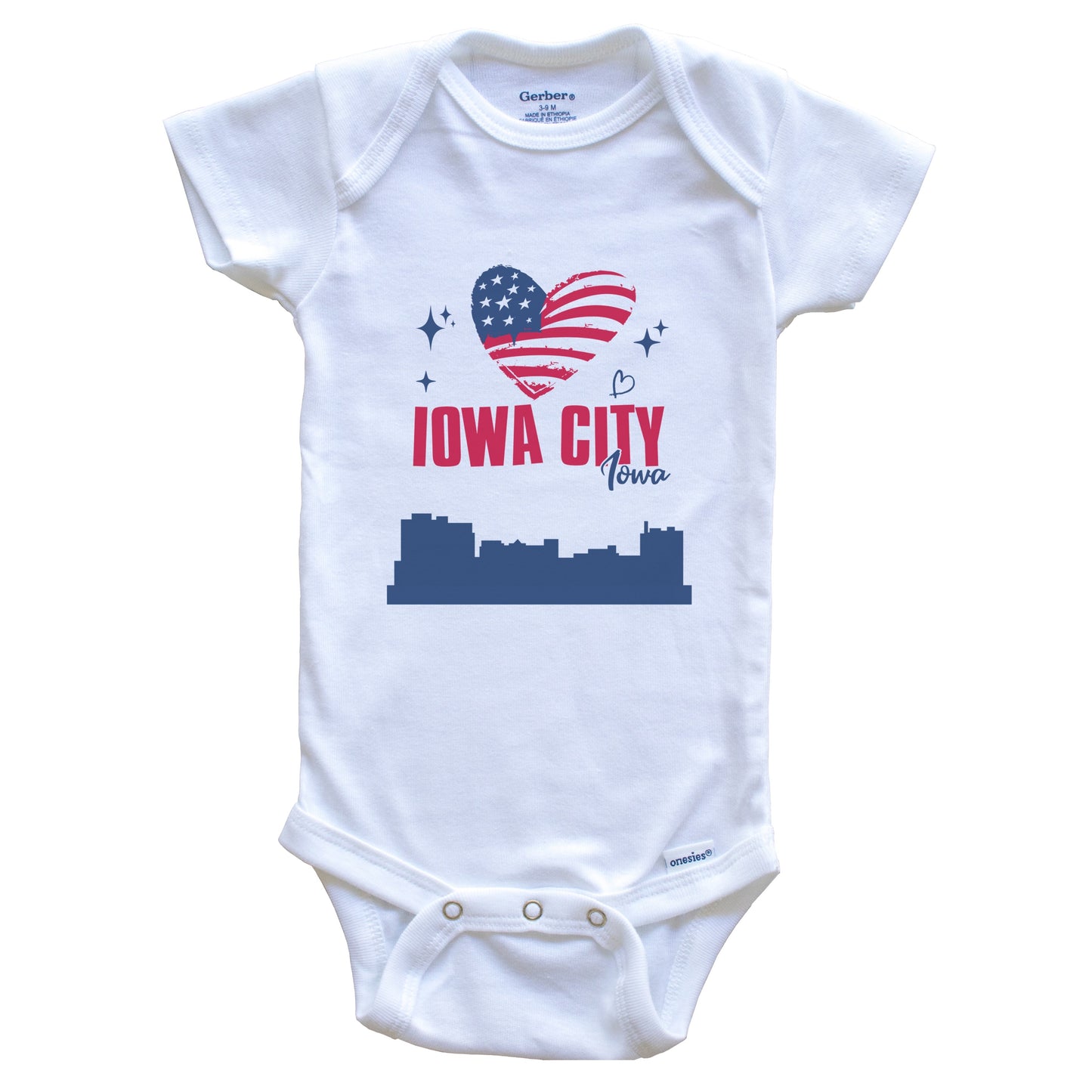 Iowa City Iowa Skyline American Flag Heart 4th of July Baby Bodysuit