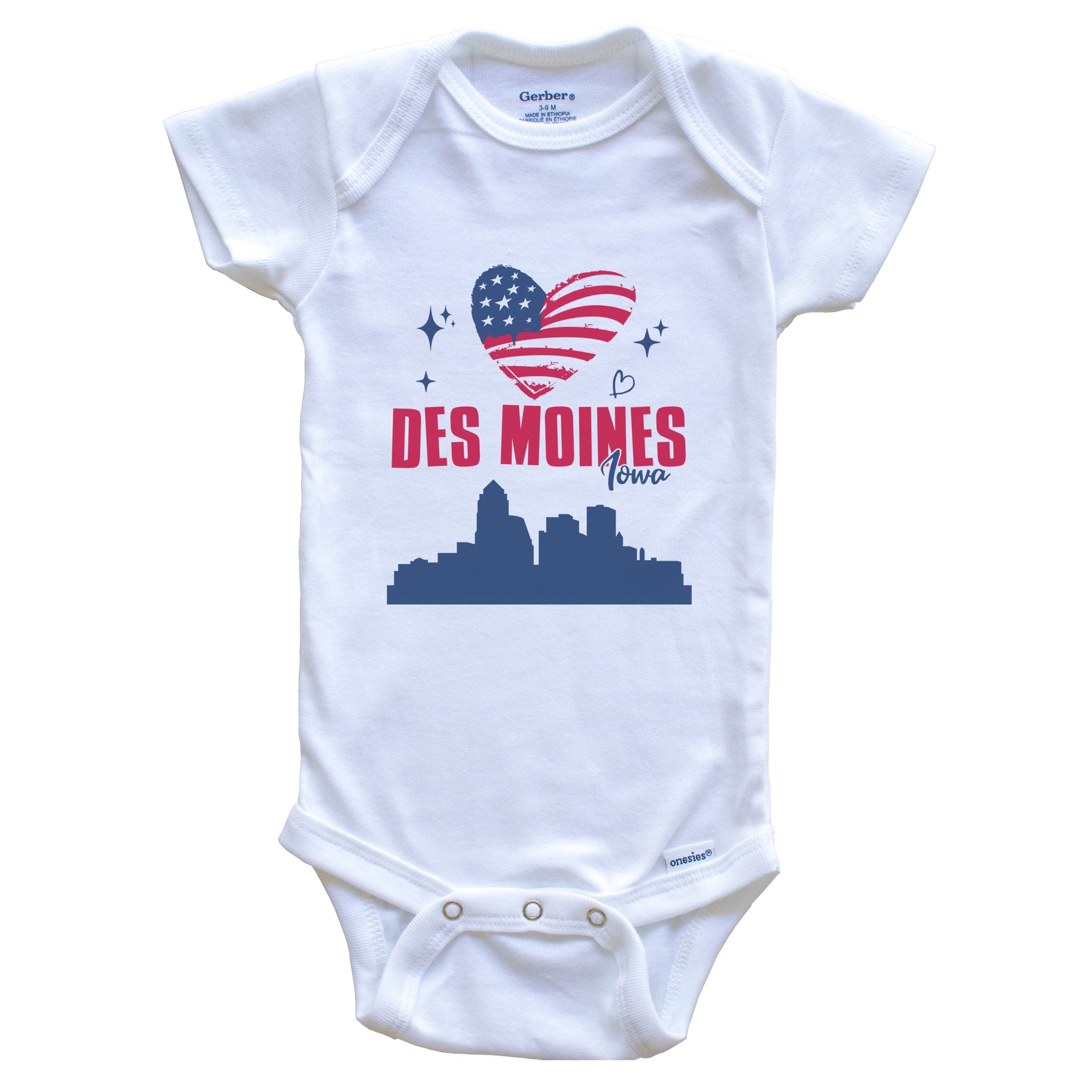 Des Moines Iowa Skyline American Flag Heart 4th of July Baby Bodysuit