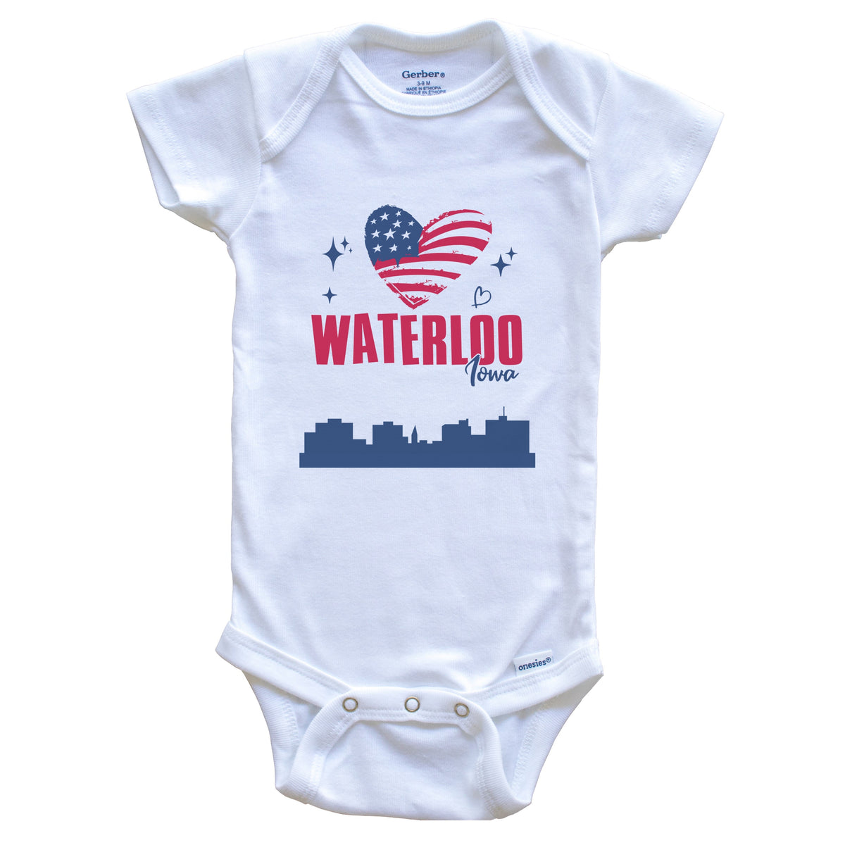 Waterloo Iowa Skyline American Flag Heart 4th of July Baby Bodysuit