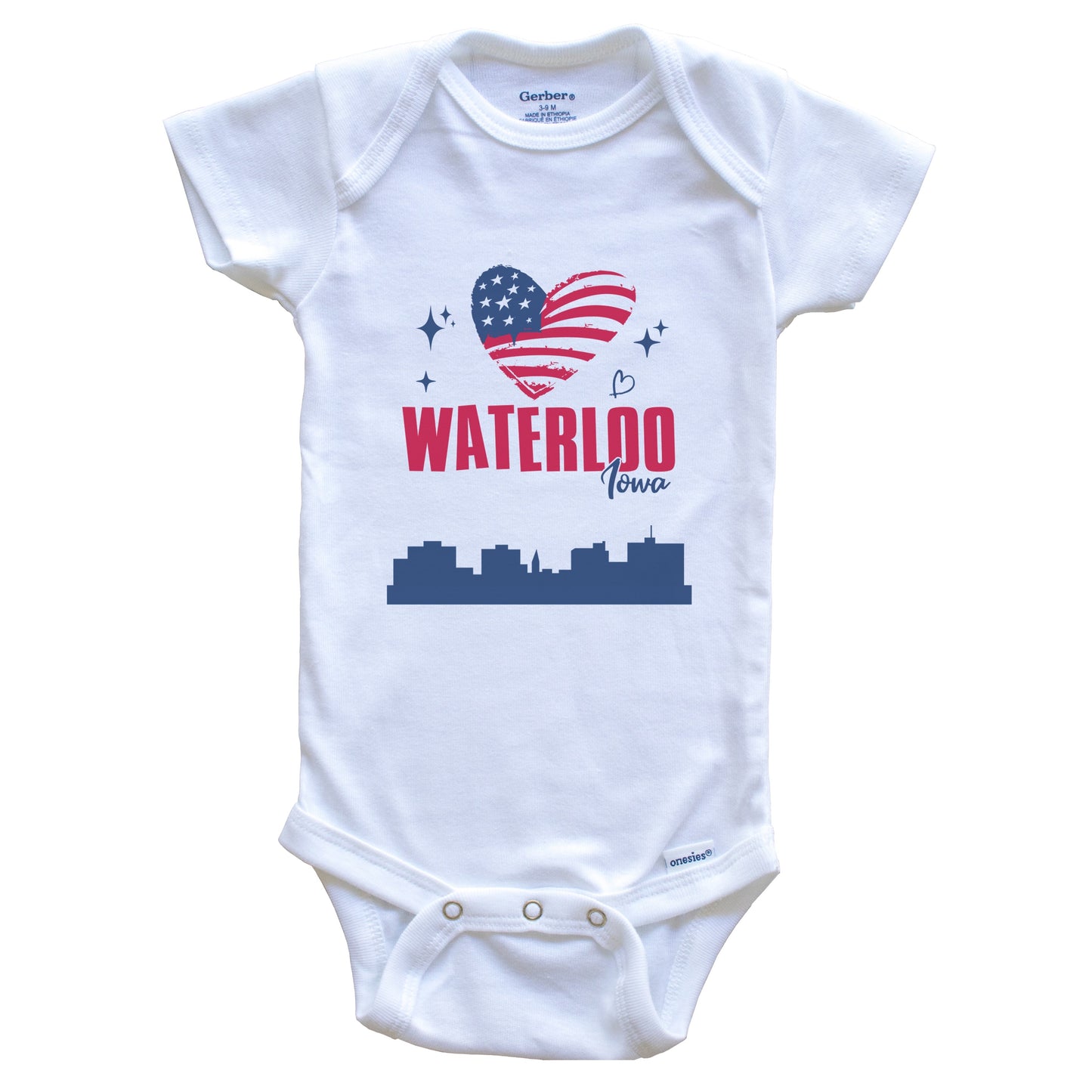 Waterloo Iowa Skyline American Flag Heart 4th of July Baby Bodysuit