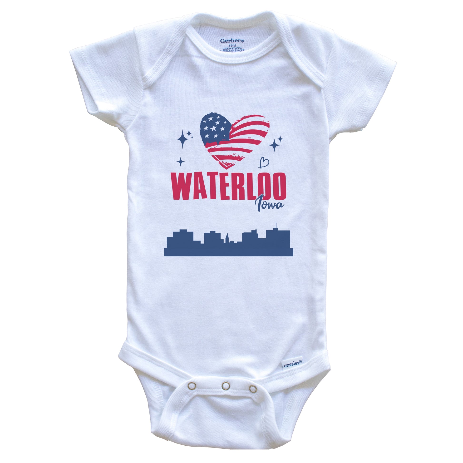 Waterloo Iowa Skyline American Flag Heart 4th of July Baby Bodysuit