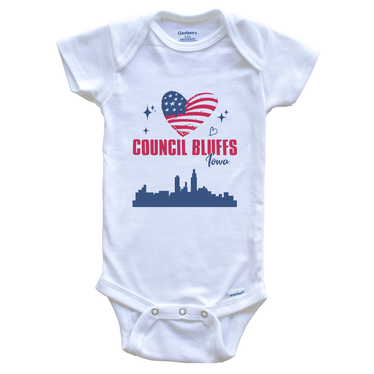 Council Bluffs Iowa Skyline American Flag Heart 4th of July Baby Bodysuit