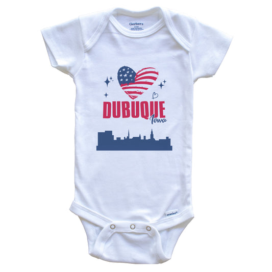 Dubuque Iowa Skyline American Flag Heart 4th of July Baby Bodysuit