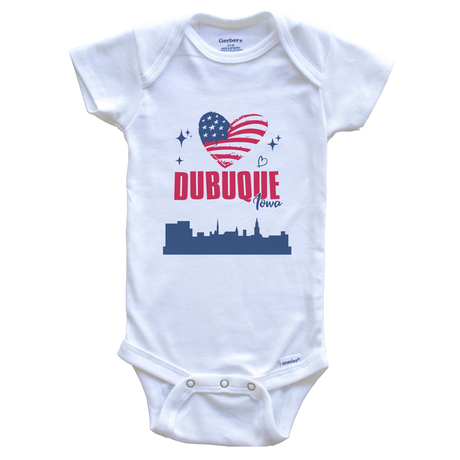 Dubuque Iowa Skyline American Flag Heart 4th of July Baby Bodysuit