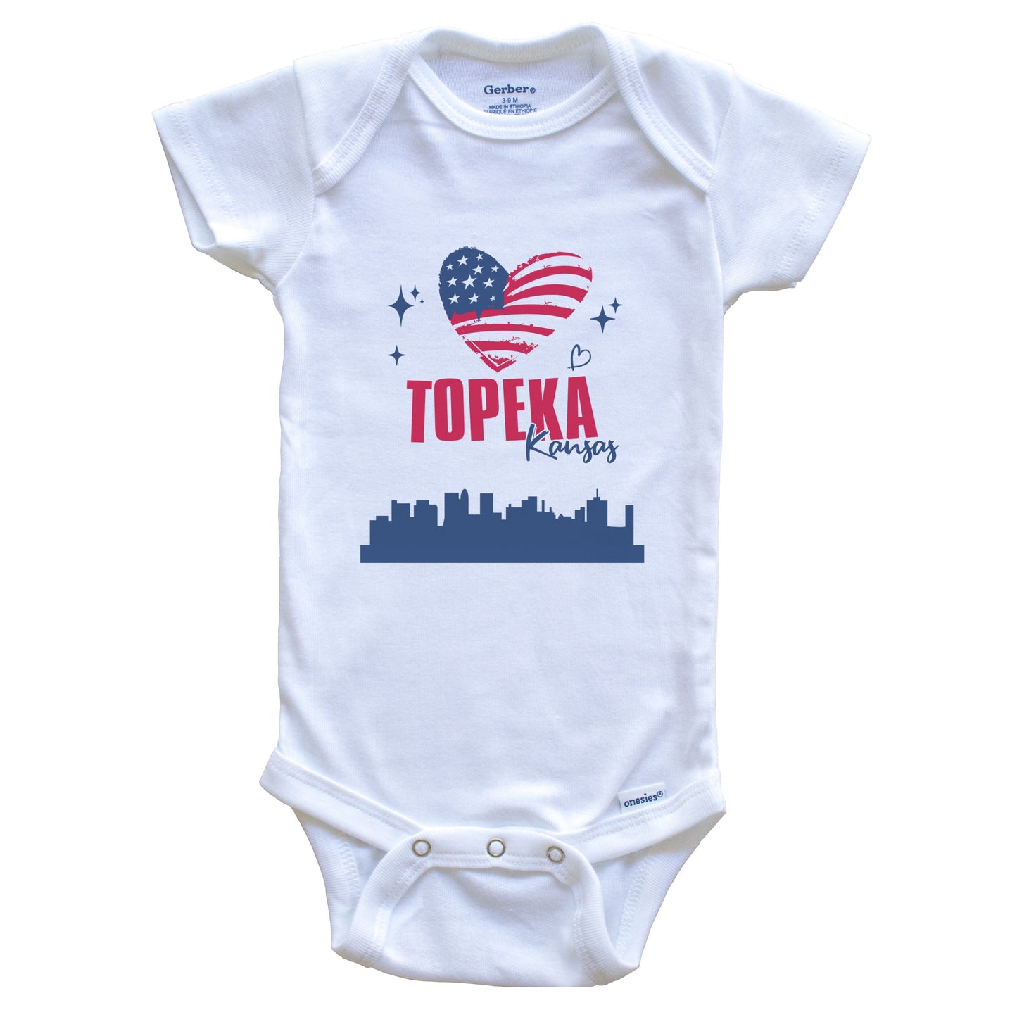 Topeka Kansas Skyline American Flag Heart 4th of July Baby Bodysuit