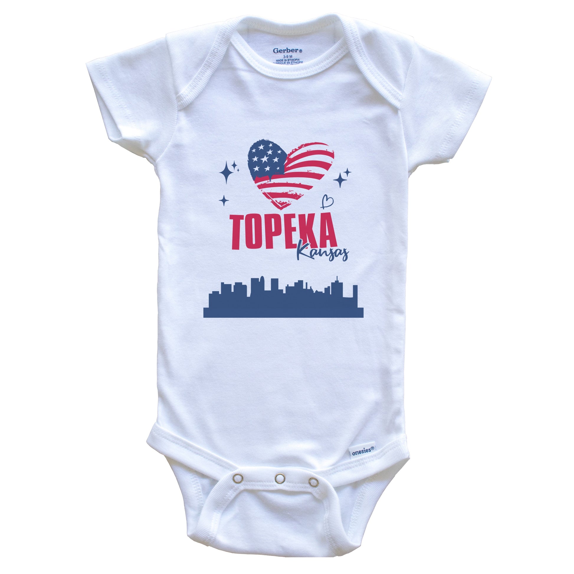 Topeka Kansas Skyline American Flag Heart 4th of July Baby Bodysuit