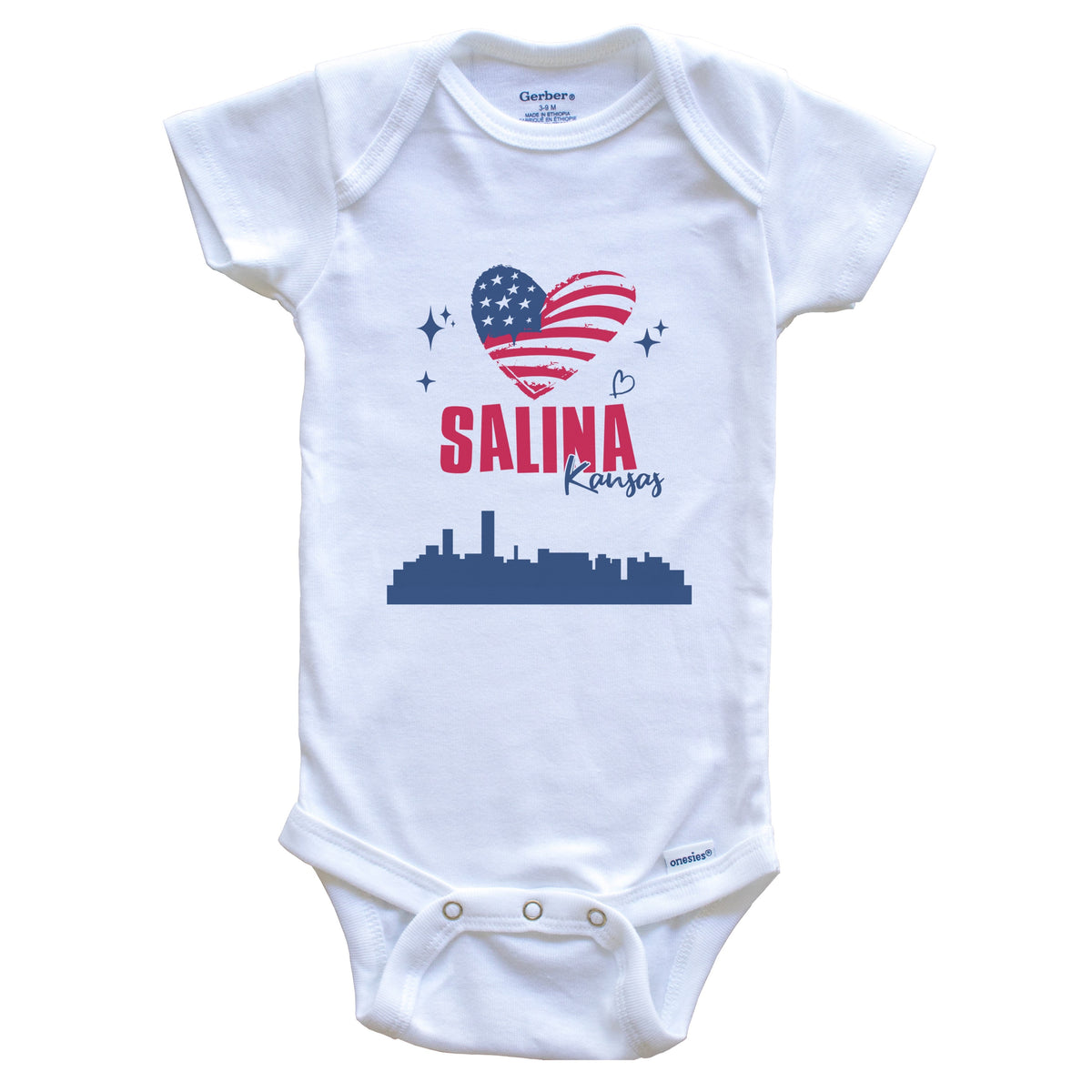 Salina Kansas Skyline American Flag Heart 4th of July Baby Bodysuit