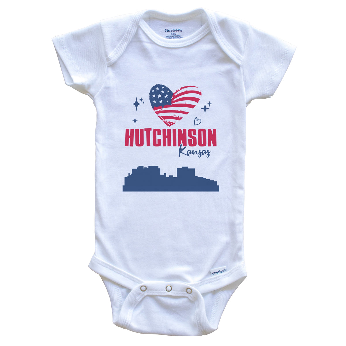 Hutchinson Kansas Skyline American Flag Heart 4th of July Baby Bodysuit