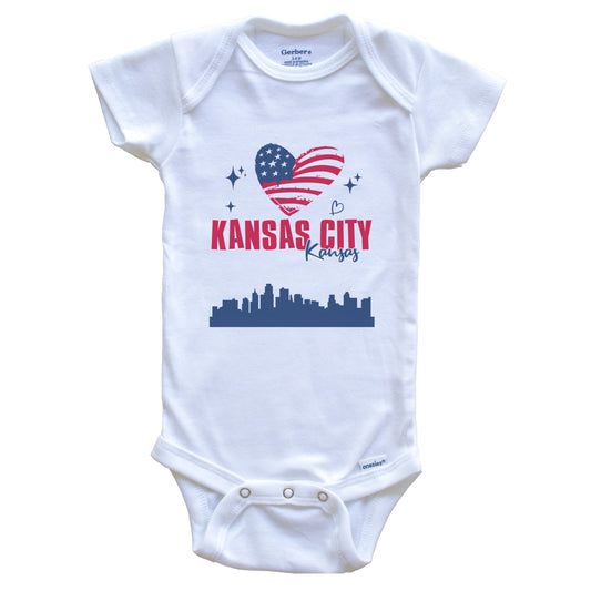 Kansas City Kansas Skyline American Flag Heart 4th of July Baby Bodysuit