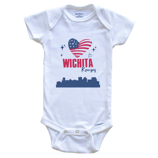 Wichita Kansas Skyline American Flag Heart 4th of July Baby Bodysuit