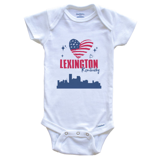 Lexington Kentucky Skyline American Flag Heart 4th of July Baby Bodysuit