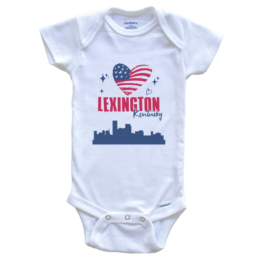 Lexington Kentucky Skyline American Flag Heart 4th of July Baby Bodysuit