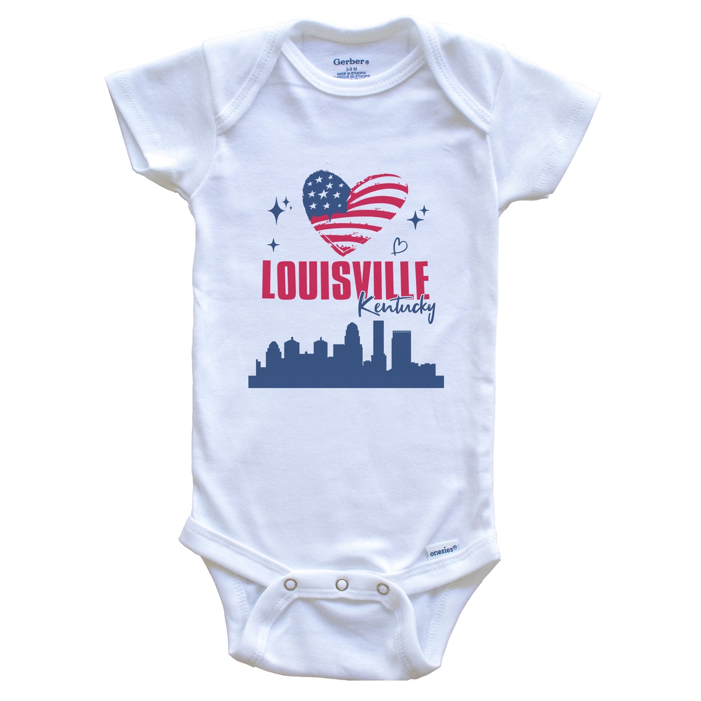 Louisville Kentucky Skyline American Flag Heart 4th of July Baby Bodysuit