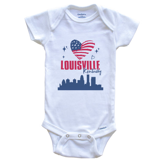 Louisville Kentucky Skyline American Flag Heart 4th of July Baby Bodysuit