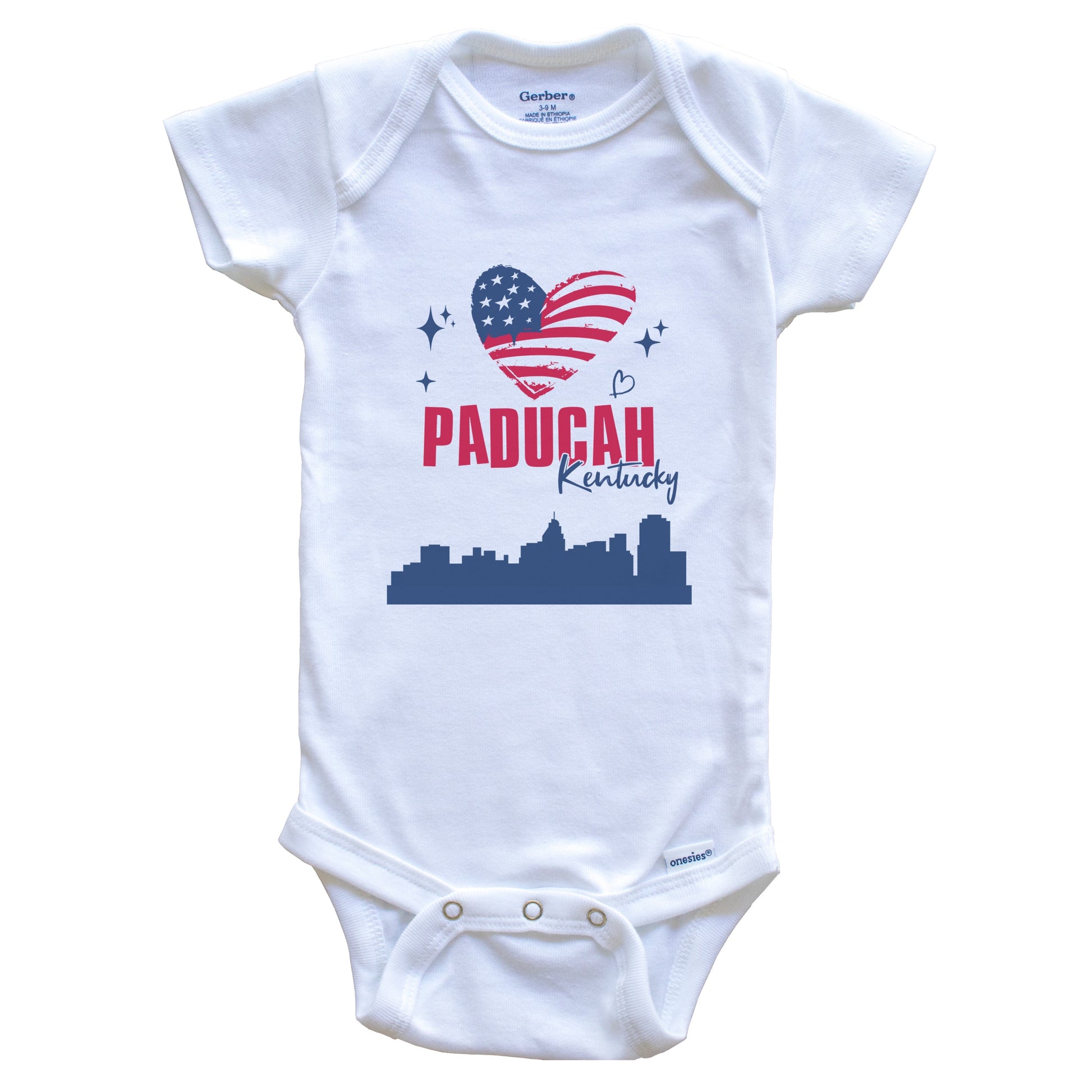 Paducah Kentucky Skyline American Flag Heart 4th of July Baby Bodysuit