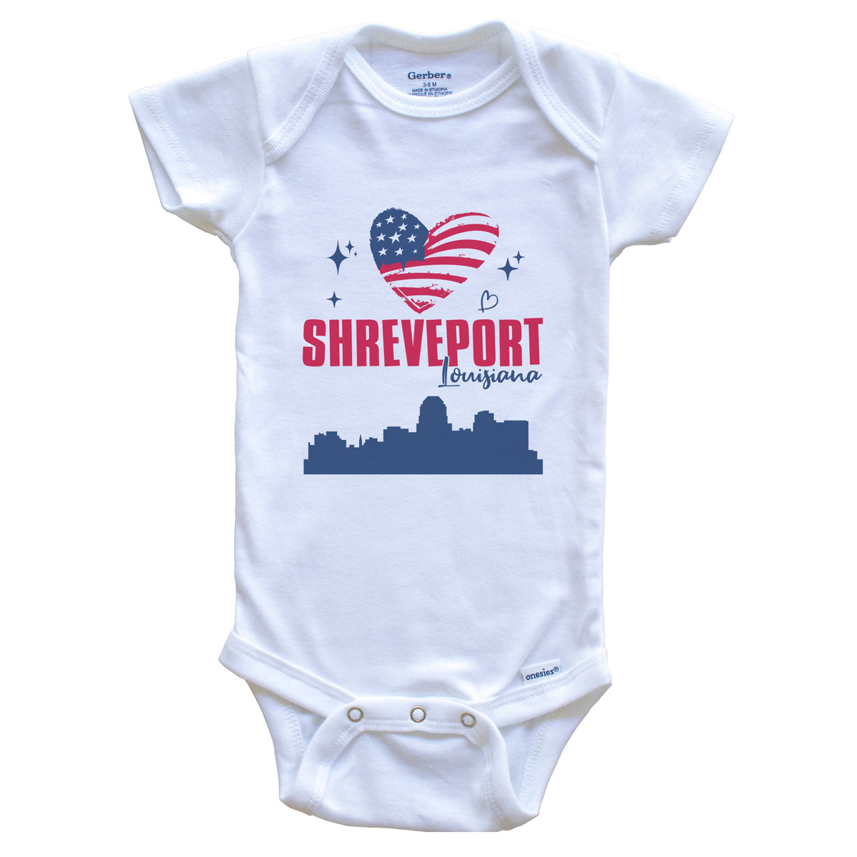 Shreveport Louisiana Skyline American Flag Heart 4th of July Baby Bodysuit