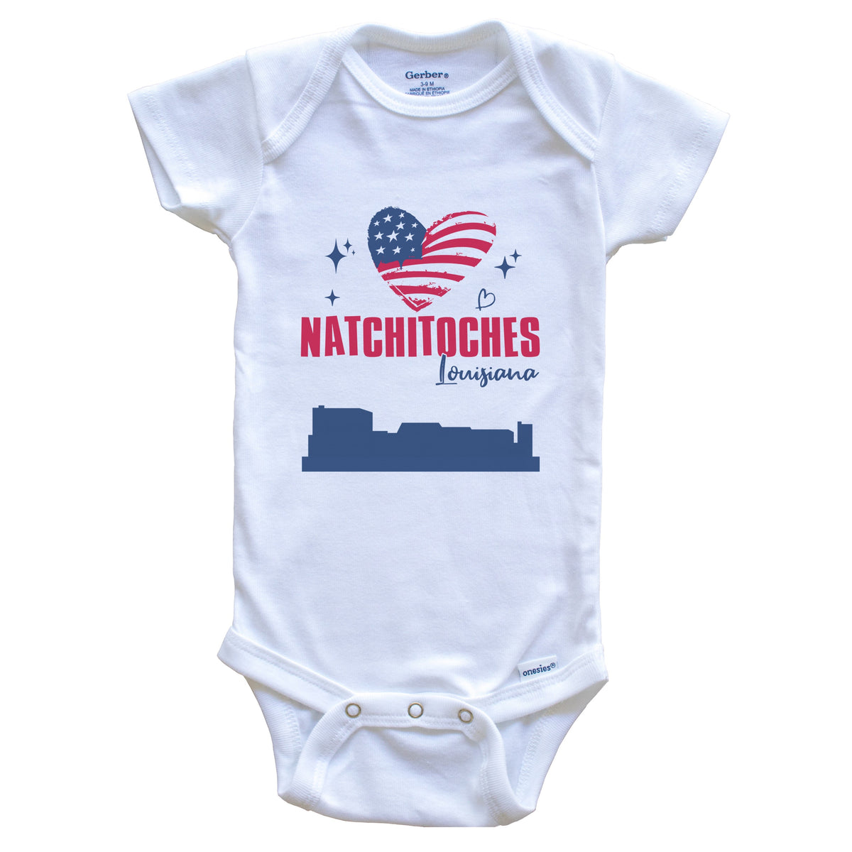 Natchitoches Louisiana Skyline American Flag Heart 4th of July Baby Bodysuit