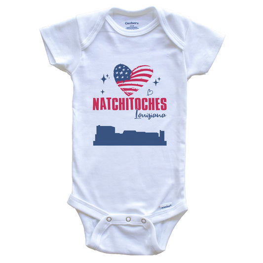 Natchitoches Louisiana Skyline American Flag Heart 4th of July Baby Bodysuit