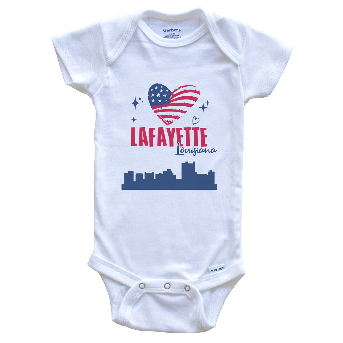 Lafayette Louisiana Skyline American Flag Heart 4th of July Baby Bodysuit