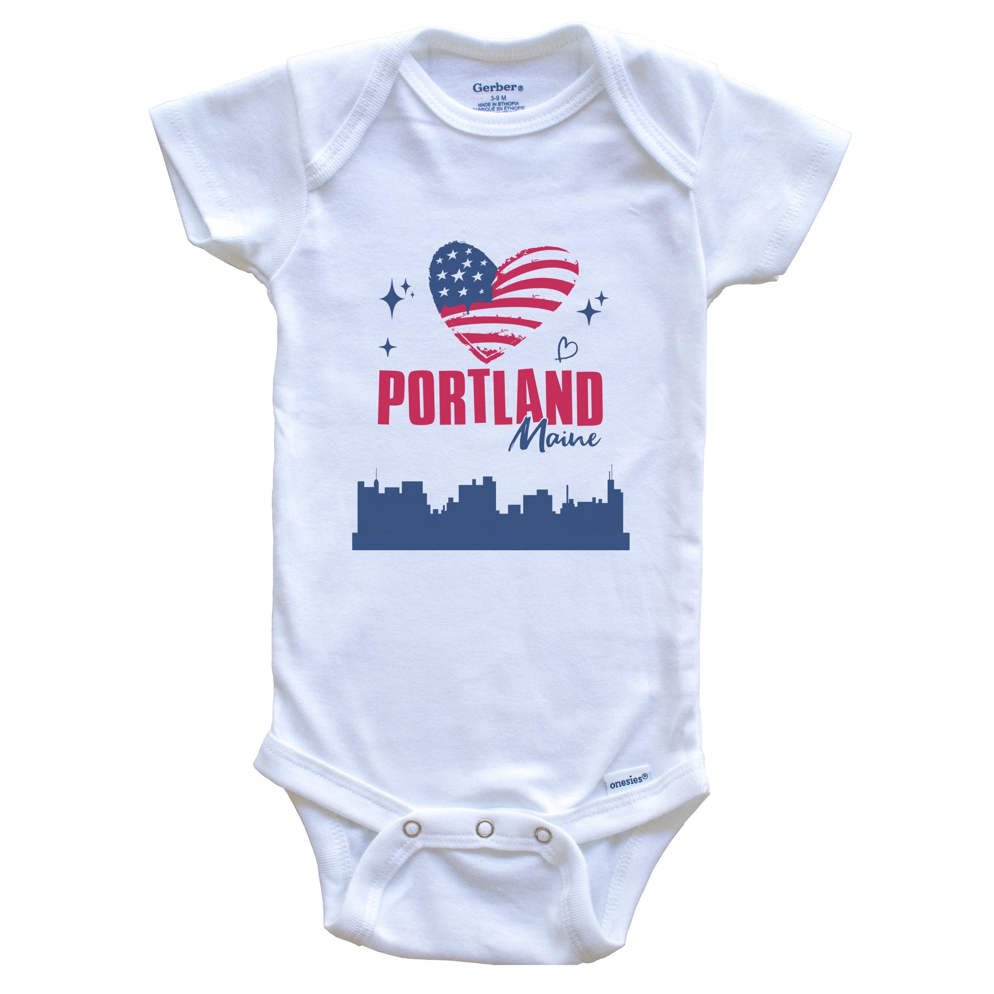 Portland Maine Skyline American Flag Heart 4th of July Baby Bodysuit