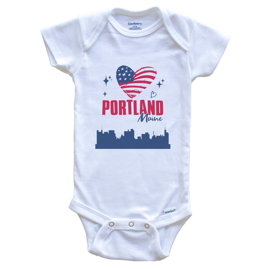 Portland Maine Skyline American Flag Heart 4th of July Baby Bodysuit