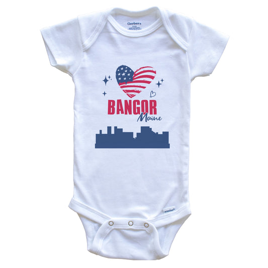 Bangor Maine Skyline American Flag Heart 4th of July Baby Bodysuit