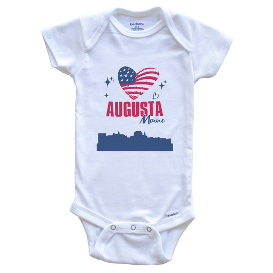 Augusta Maine Skyline American Flag Heart 4th of July Baby Bodysuit