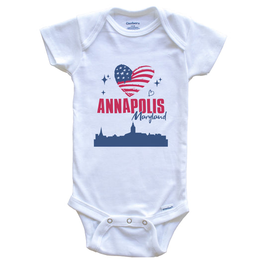 Annapolis Maryland Skyline American Flag Heart 4th of July Baby Bodysuit