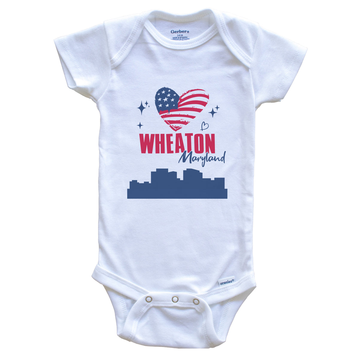 Wheaton Maryland Skyline American Flag Heart 4th of July Baby Bodysuit