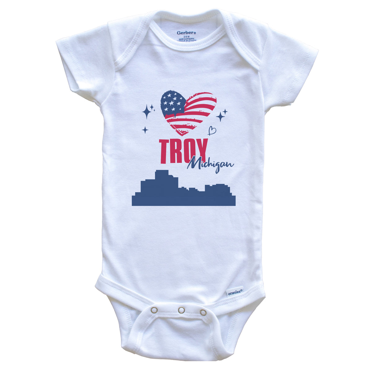 Troy Michigan Skyline American Flag Heart 4th of July Baby Bodysuit