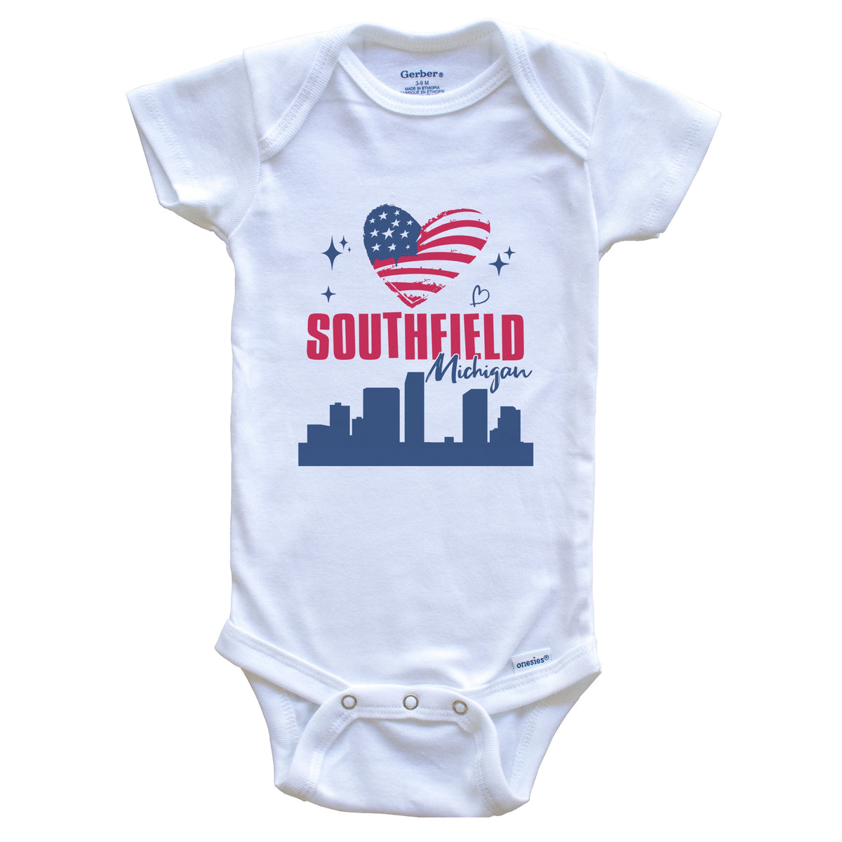 Southfield Michigan Skyline American Flag Heart 4th of July Baby Bodysuit