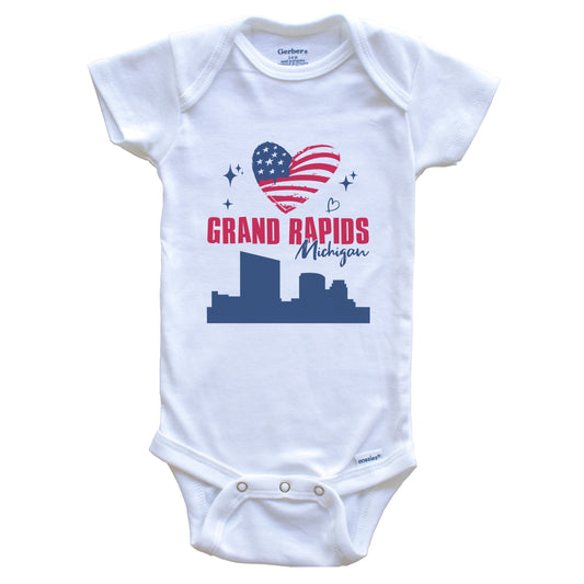 Grand Rapids Michigan Skyline American Flag Heart 4th of July Baby Bodysuit