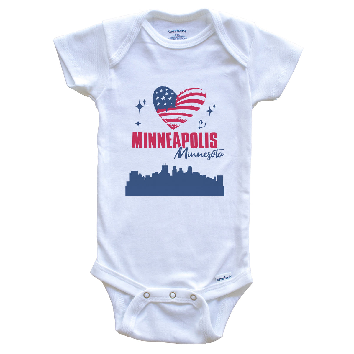 Minneapolis Minnesota Skyline American Flag Heart 4th of July Baby Bodysuit