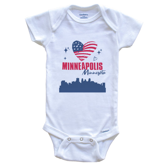 Minneapolis Minnesota Skyline American Flag Heart 4th of July Baby Bodysuit
