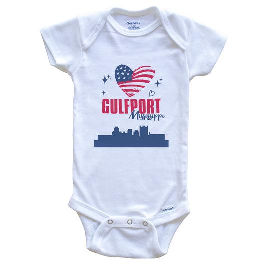 Gulfport Mississippi Skyline American Flag Heart 4th of July Baby Bodysuit