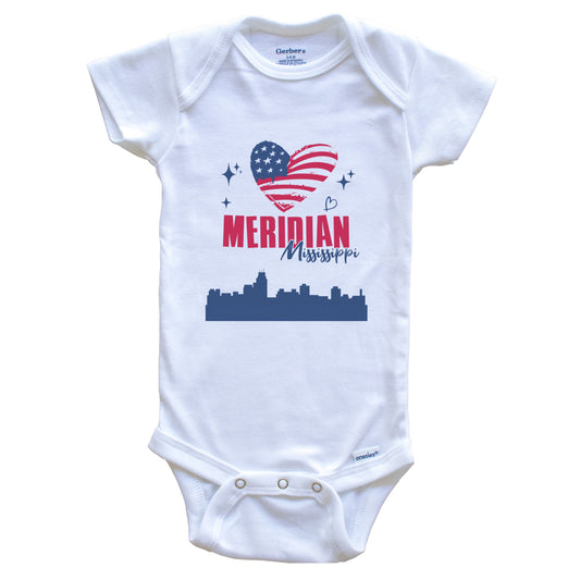 Meridian Mississippi Skyline American Flag Heart 4th of July Baby Bodysuit