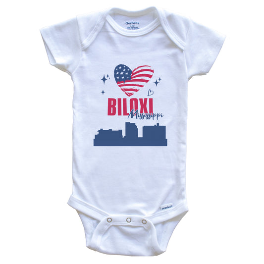 Biloxi Mississippi Skyline American Flag Heart 4th of July Baby Bodysuit