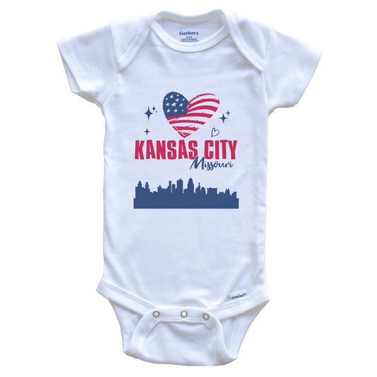 Kansas City Missouri Skyline American Flag Heart 4th of July Baby Bodysuit