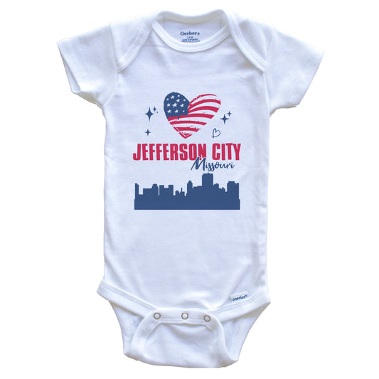Jefferson City Missouri Skyline American Flag Heart 4th of July Baby Bodysuit