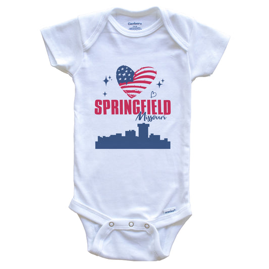 Springfield Missouri Skyline American Flag Heart 4th of July Baby Bodysuit